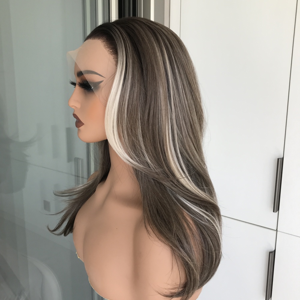 A02 by AISOM Free Part Brunette Blonde Highlight 13*4 Lace Front Wig 18 Inches Low Density Layered Glueless Wig for Women Daily Use
