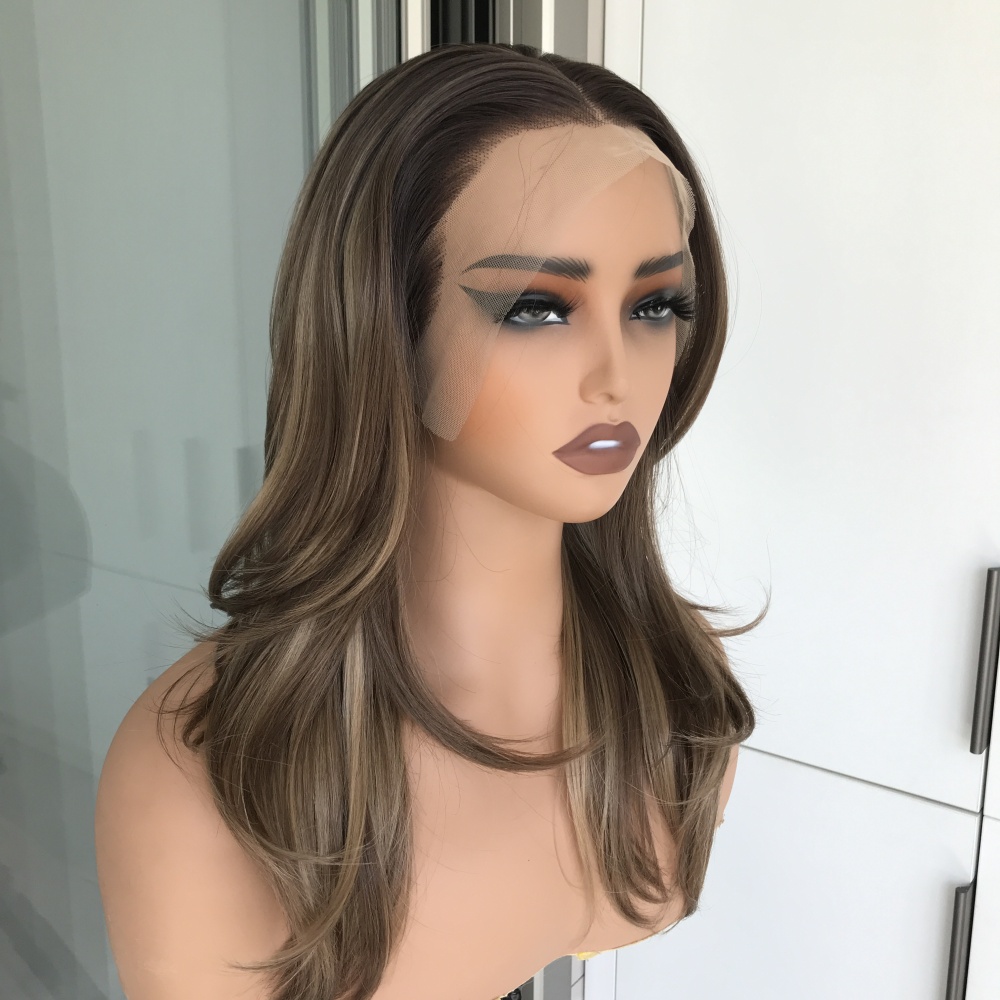 A03 by AISOM 13*4 Glueless Free Part Lace Wig Brown wig with Blonde Highlights Pre Plucked Hairline 18inches Layered Wig Heat Friendly Synthetic Wig for Women
