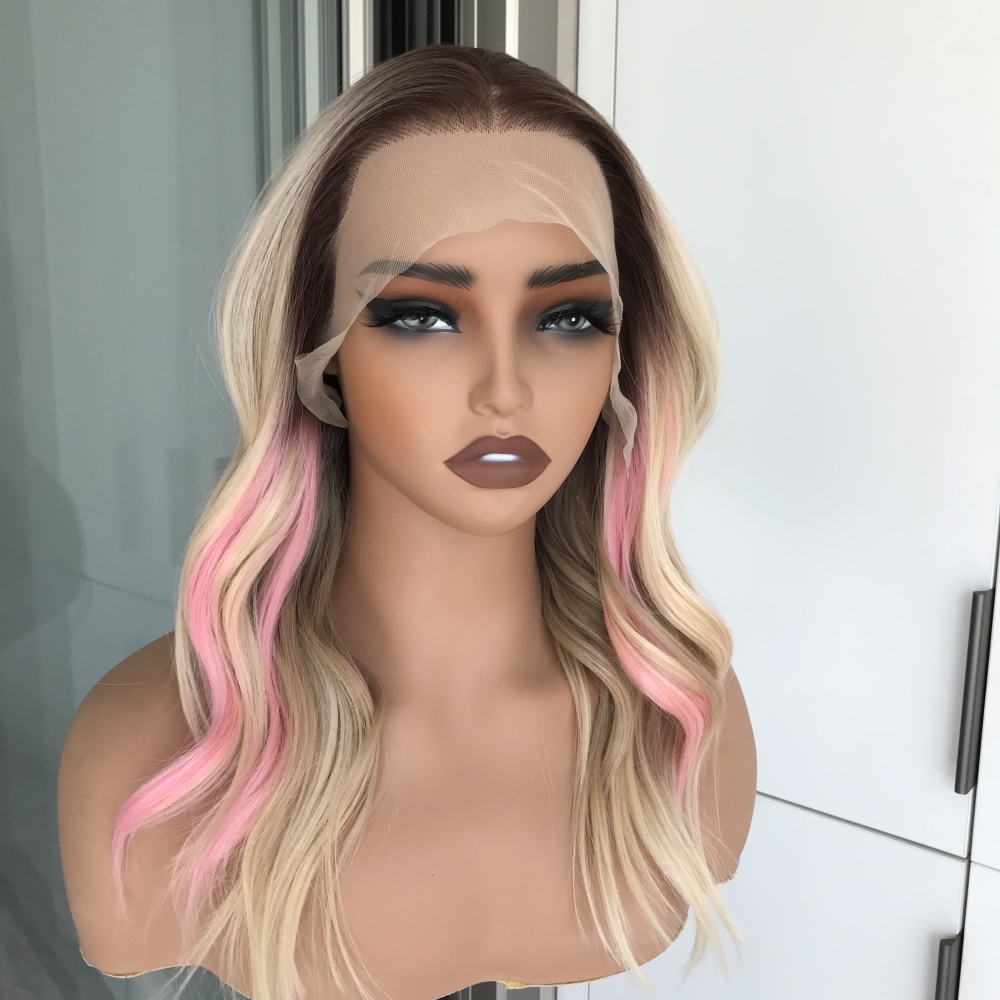 A11 by AISOM 13*6 Free Part Blonde Wig with Pink Highlights Body Wave 17 Inches Glueless Synthetic Lace Front Wig for Daily Wear Natural Hairline