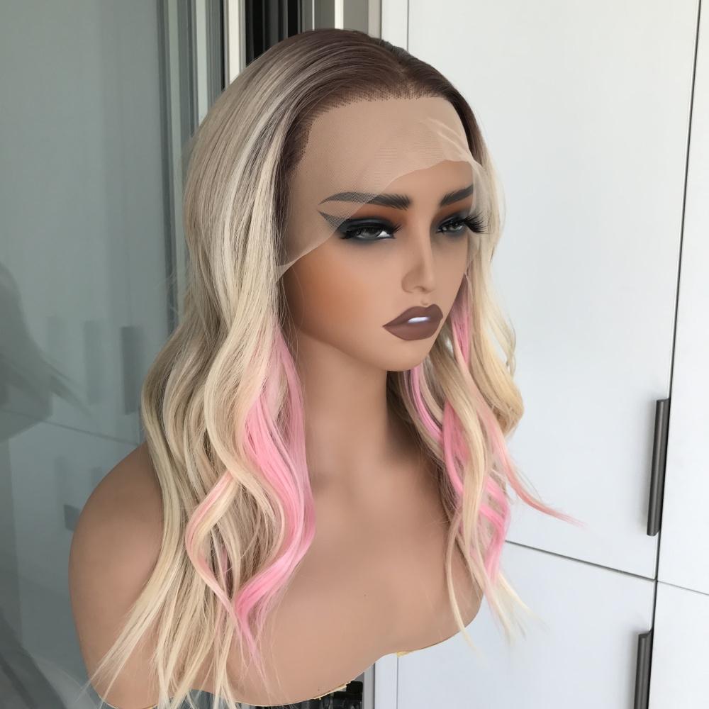 A11 by AISOM 13*6 Free Part Blonde Wig with Pink Highlights Body Wave 17 Inches Glueless Synthetic Lace Front Wig for Daily Wear Natural Hairline
