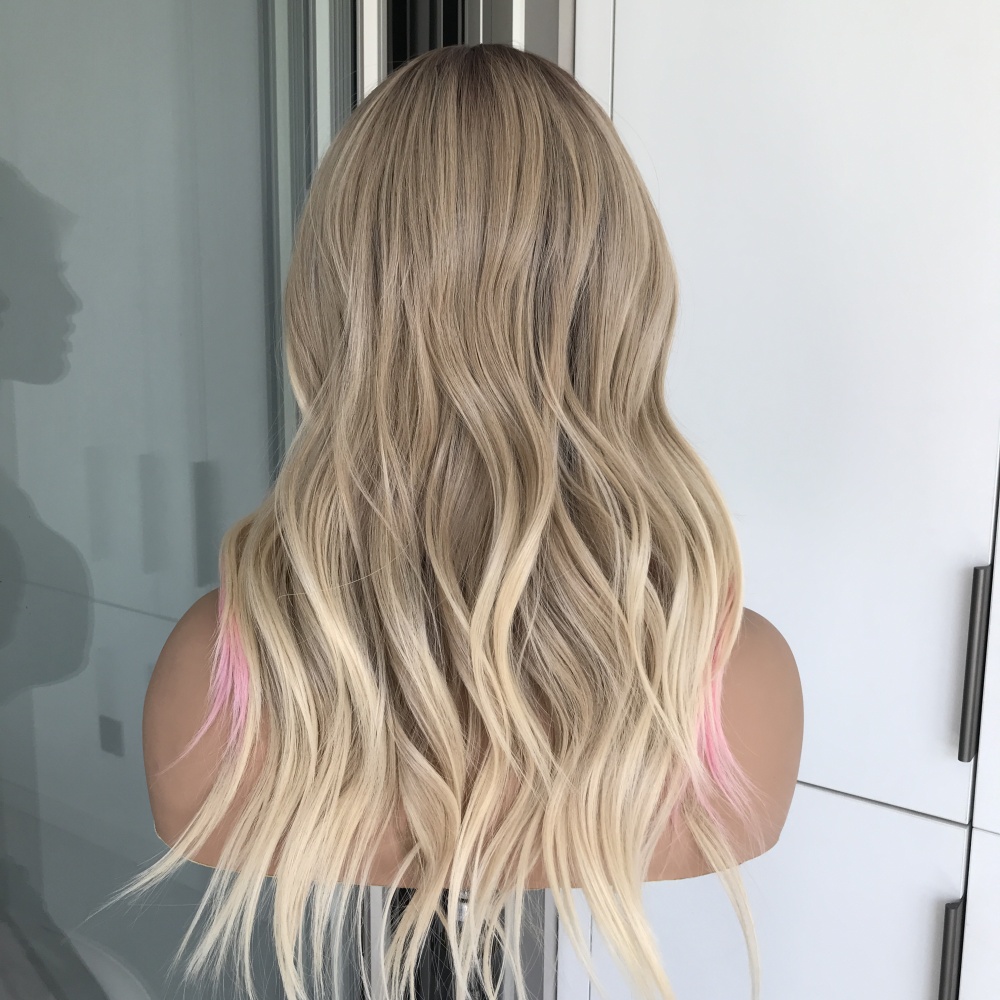 A11 by AISOM 13*6 Free Part Blonde Wig with Pink Highlights Body Wave 17 Inches Glueless Synthetic Lace Front Wig for Daily Wear Natural Hairline