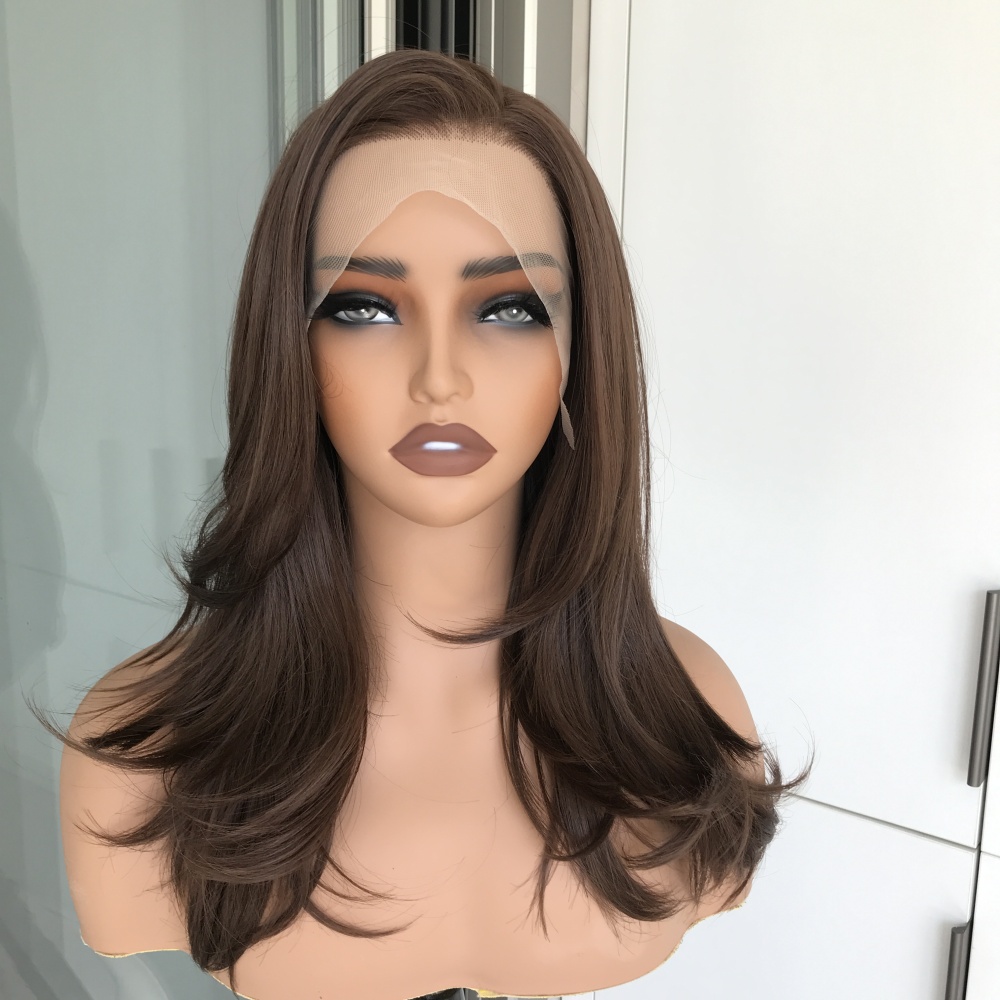 A13 by AISOM Free Part Chocolate Brown Layered Straight 13X4 Glueless Wig 17 inches Heat Friendly Synthetic Lace Wig for Women Natural Hairline Daily Wear