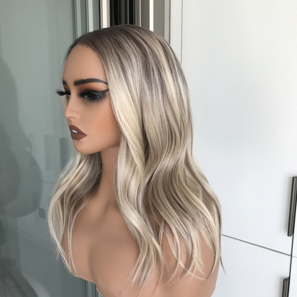 A09 by AISOM Pre Cut Bright Blonde with Brown T Part Glueless Ready to Wear Short Natural Wave 16 inches Synthetic Lace Wig Pre Plucked Natural Hairline
