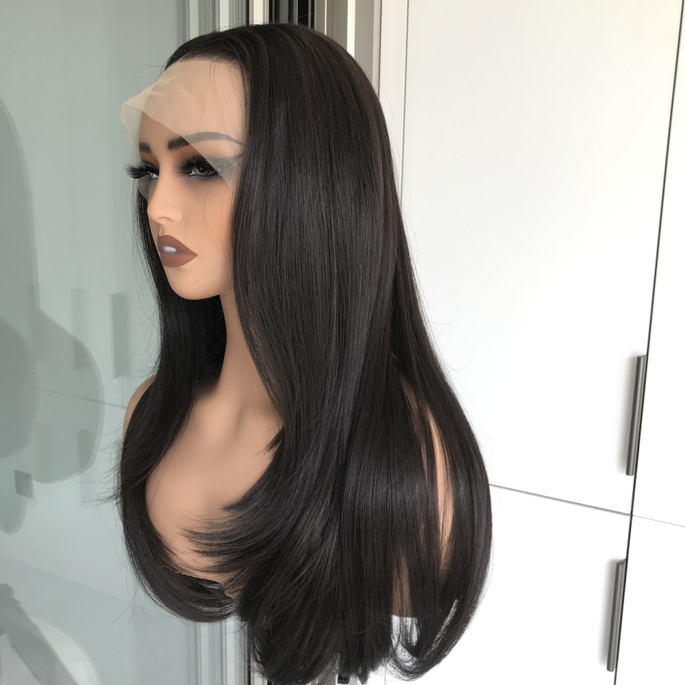 A42 by AISOM Black Layered Straight 13*6 Free Part Lace Front Wig Pre Plucked Hairline Synthetic Lace Wig for Women 22 inches Heat Friendly