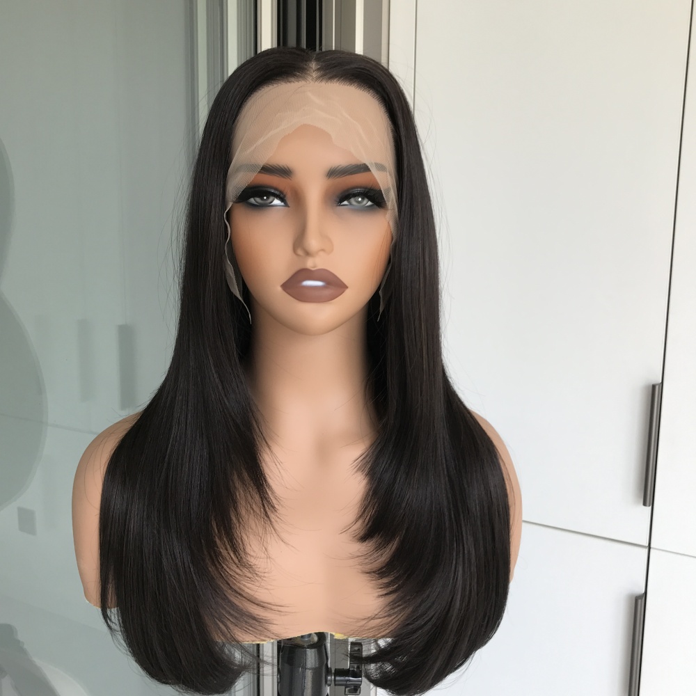 A42 by AISOM Black Layered Straight 13*6 Free Part Lace Front Wig Pre Plucked Hairline Synthetic Lace Wig for Women 22 inches Heat Friendly