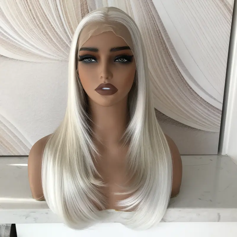 A43 by AISOM 13*6 Glueless Lace Front Wig Pre Plucked Highlight Blonde with White Tips Layered Straight Synthetic Lace Wig for Women