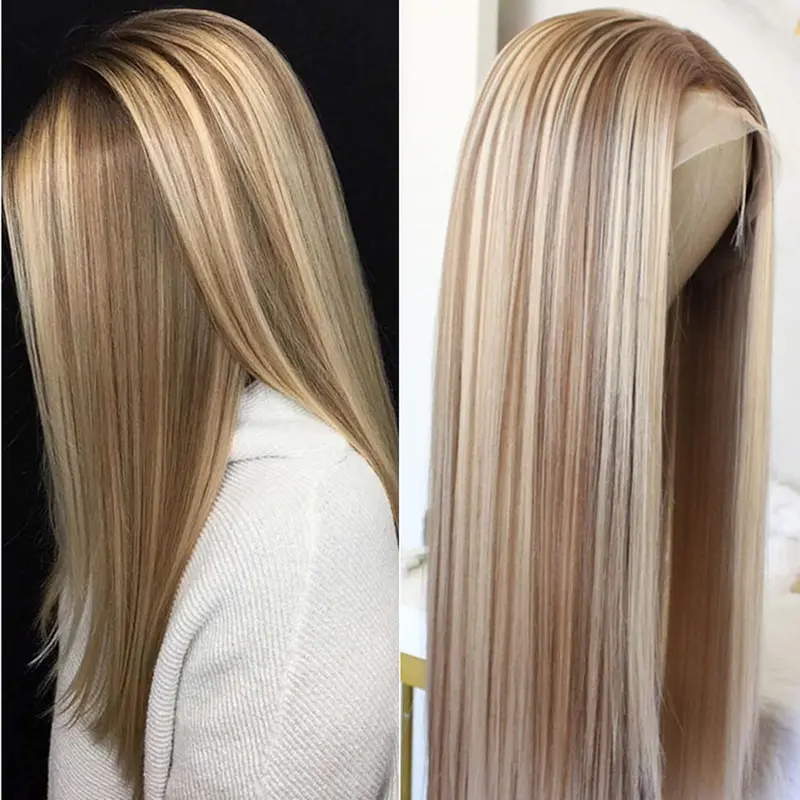 A55 by AISOM Warm Blonde Highlight Mixed Brown Lowlights Long Straight 13x4" Free Part Lace Front Wigs for Women Heat Friendly Synthetic Wig 26"