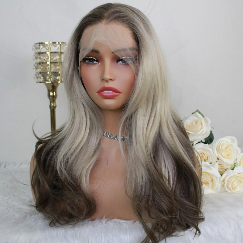 A18 by AISOM Low Density Blonde Brown Wave Wig with Curtain Bangs 20 inches 13*4 Free Part Synthetic Lace Front Wig for Women