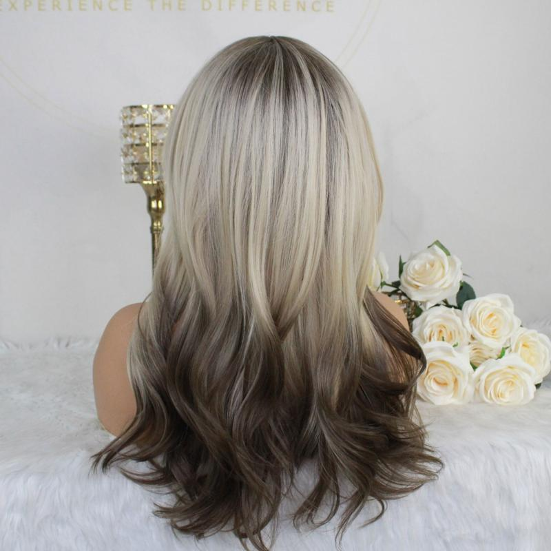 A18 by AISOM Low Density Blonde Brown Wave Wig with Curtain Bangs 20 inches 13*4 Free Part Synthetic Lace Front Wig for Women