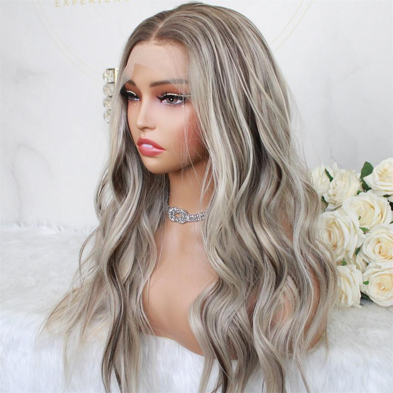 A38 by AISOM Highlight Ash Blonde 13x4 Free Part Lace Front Wig Pre Plucked Hairline 22" Wave Women's Wig Heat Friendly Fiber Low Density