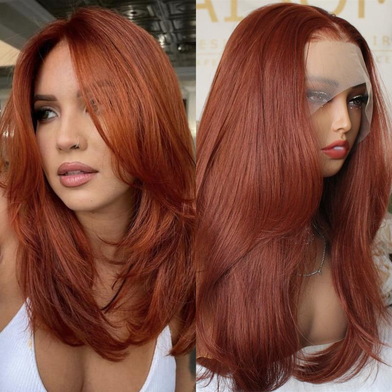 A39 by AISOM 13x6 Glueless Copper Synthetic Lace Front Wig 18“ Long Layered Straight Lace Wigs for Women Pre Plucked Hairline Natural Looking Heat Resistant Fiber Wig Daily Party Use