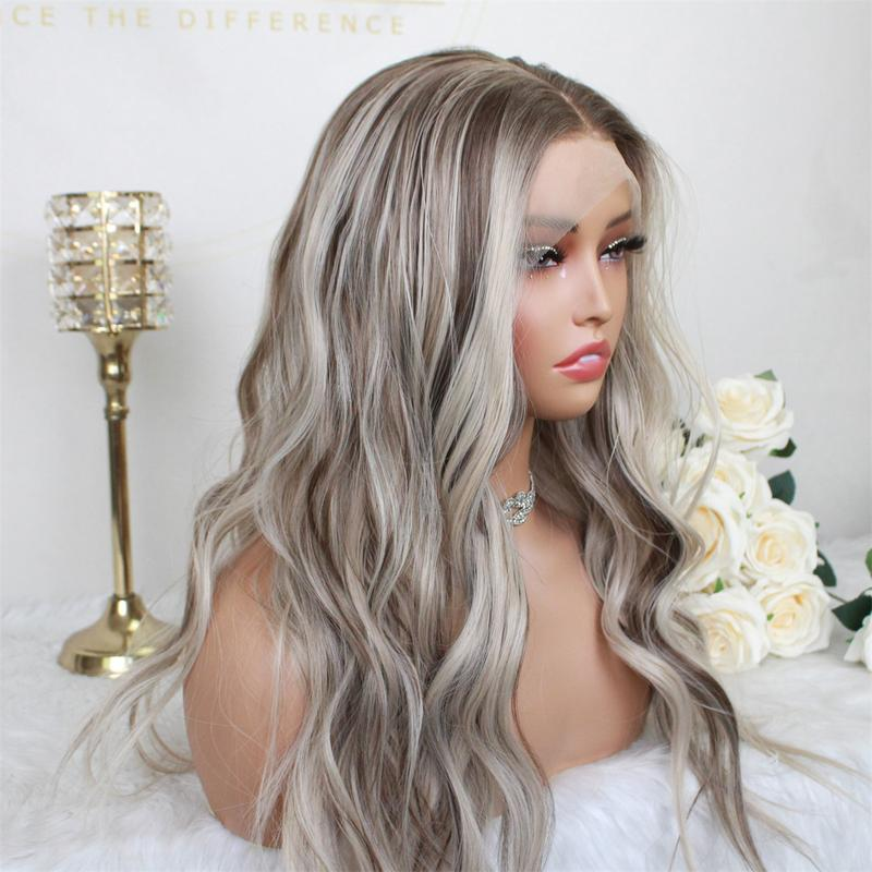 A38 by AISOM Highlight Ash Blonde 13x4 Free Part Lace Front Wig Pre Plucked Hairline 22" Wave Women's Wig Heat Friendly Fiber Low Density