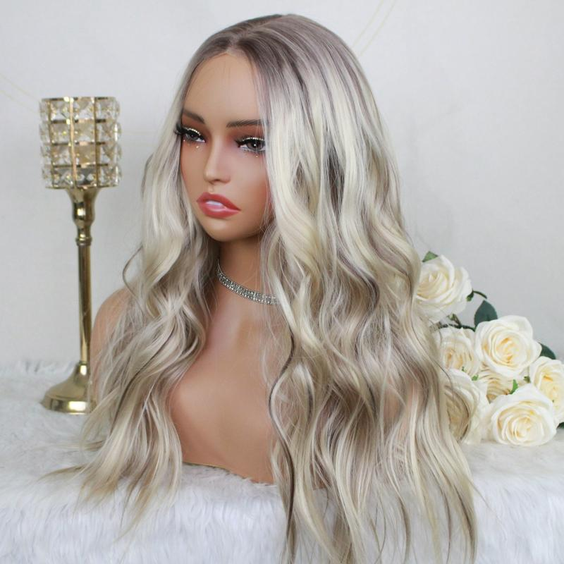 A31 by AISOM Wear to Go Pre Cut Pre Plucked T Part Glueless Wave Wig 20inches Bright Blonde mix Brown Synthetic Lace Wig for Women