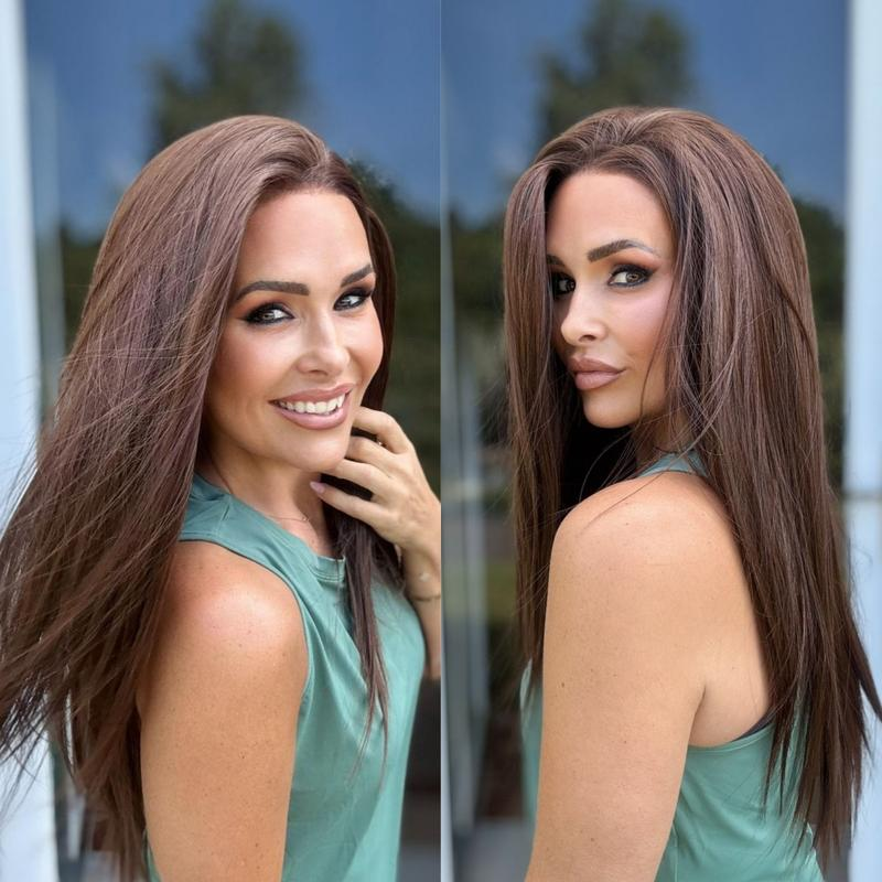 A69 by AISOM Chocolate Brown Long Straight Wig 26 Inches Free Part Lace Front Wig Daily Use