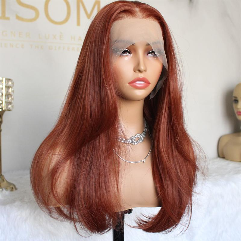 A39 by AISOM 13x6 Glueless Copper Synthetic Lace Front Wig 18“ Long Layered Straight Lace Wigs for Women Pre Plucked Hairline Natural Looking Heat Resistant Fiber Wig Daily Party Use