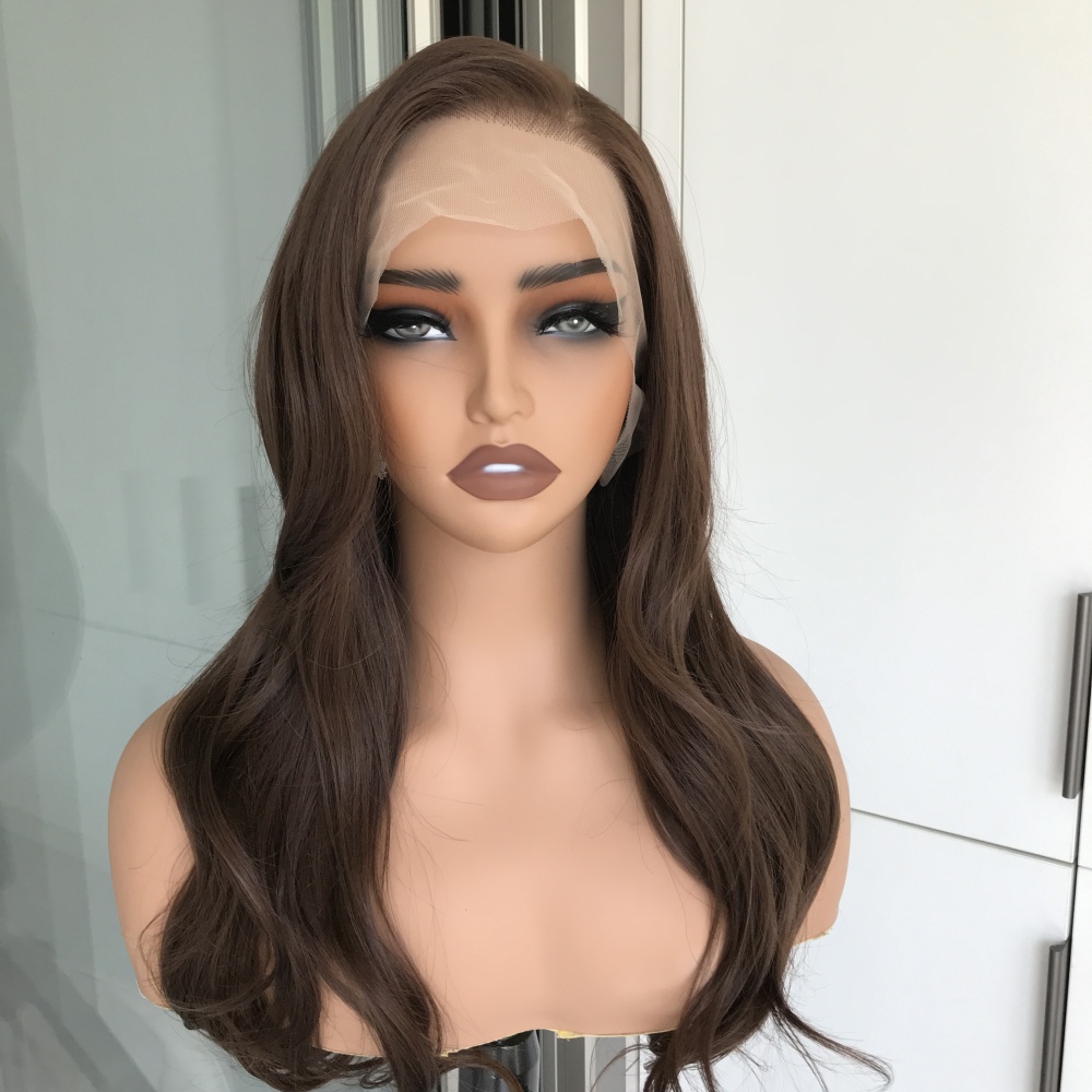 A61 by AISOM 13x6 Free Part Natural Wave Glueless Synthetic Lace Front Wig 24 inches Chocolate Brown Pre Plucked Natural Hairline Daily Wear