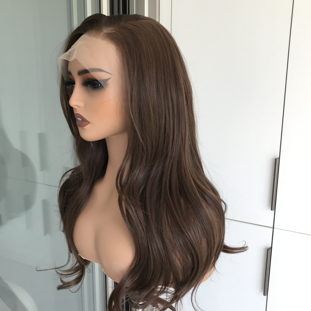 A61 by AISOM 13x6 Free Part Natural Wave Glueless Synthetic Lace Front Wig 24 inches Chocolate Brown Pre Plucked Natural Hairline Daily Wear