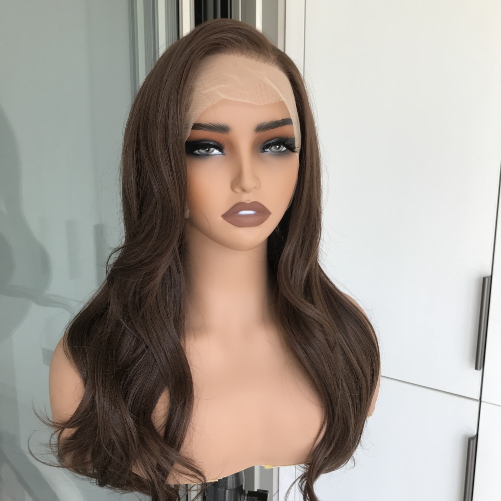 A61 by AISOM 13x6 Free Part Natural Wave Glueless Synthetic Lace Front Wig 24 inches Chocolate Brown Pre Plucked Natural Hairline Daily Wear