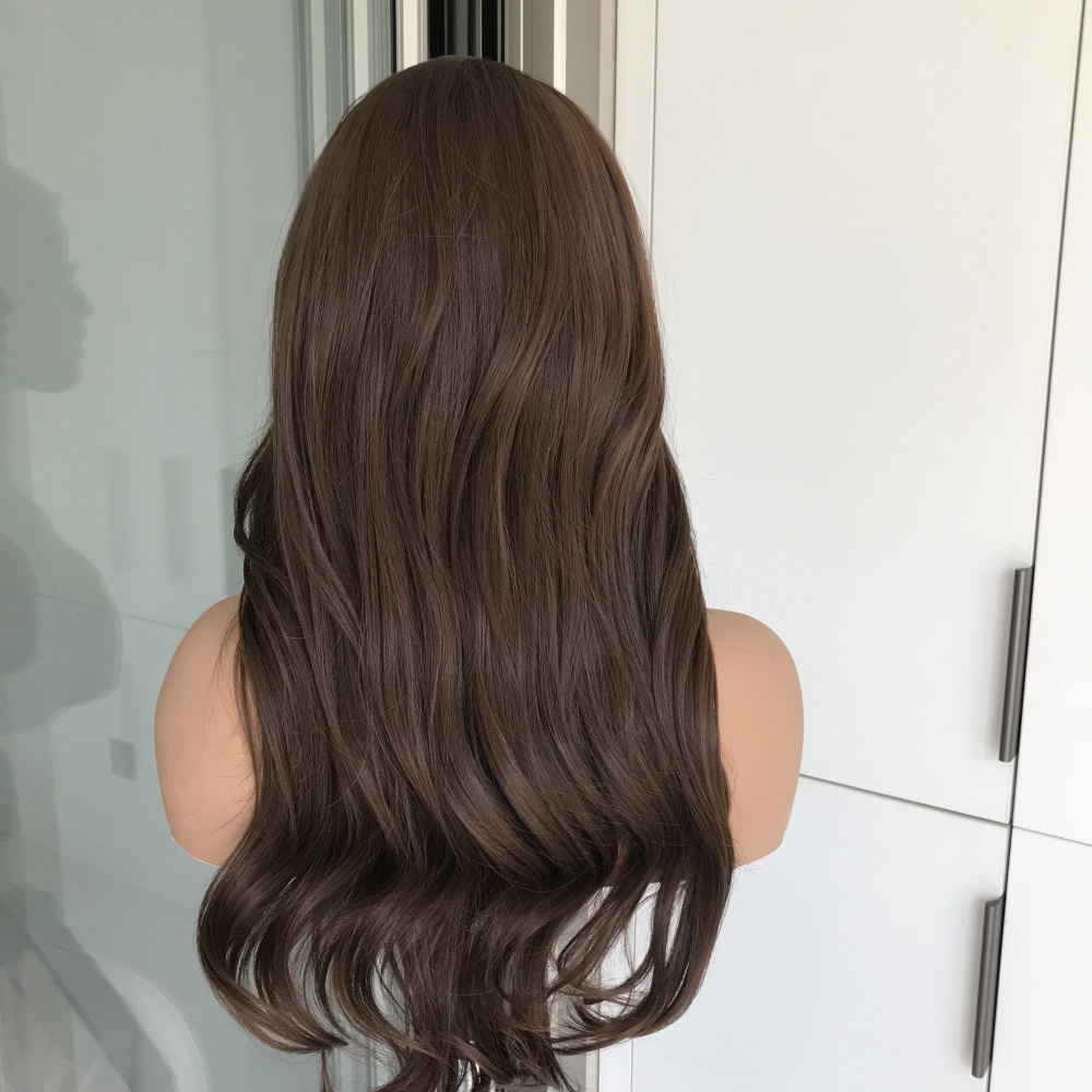 A61 by AISOM 13x6 Free Part Natural Wave Glueless Synthetic Lace Front Wig 24 inches Chocolate Brown Pre Plucked Natural Hairline Daily Wear