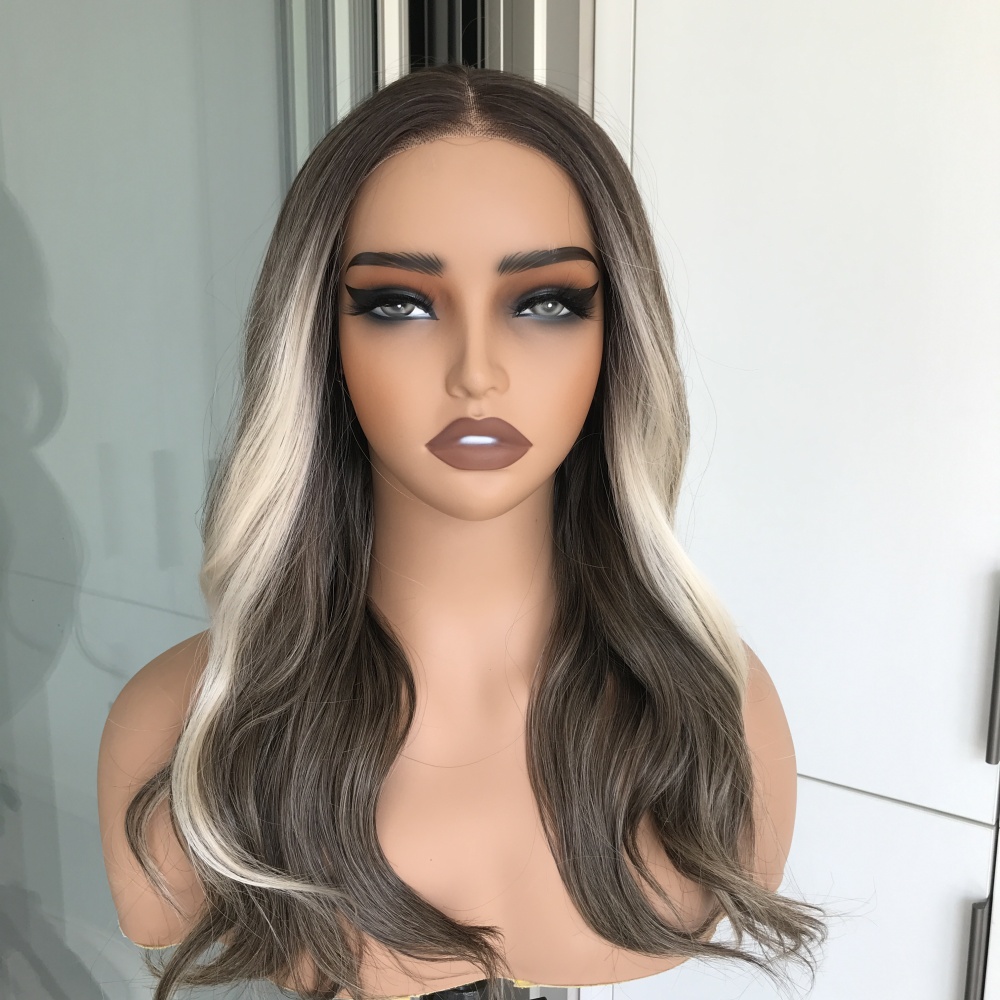 A64 by AISOM Pre Cut Brunette Blonde Highlights Body Wave 18 inches T Part Wear and Go Glueless Wig Heat Friendly Synthetic Lace Front Wig for Daily Part Use