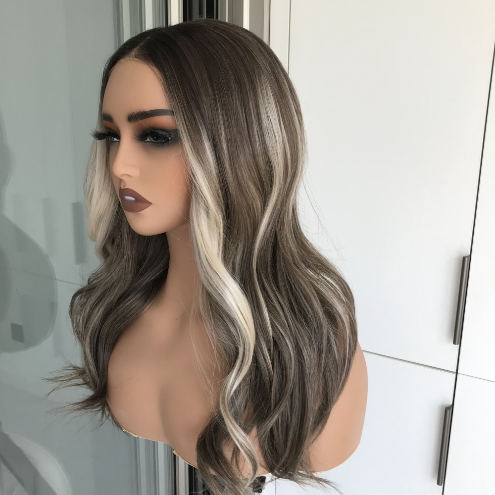 A64 by AISOM Pre Cut Brunette Blonde Highlights Body Wave 18 inches T Part Wear and Go Glueless Wig Heat Friendly Synthetic Lace Front Wig for Daily Part Use