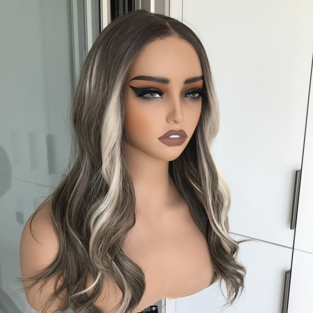 A64 by AISOM Pre Cut Brunette Blonde Highlights Body Wave 18 inches T Part Wear and Go Glueless Wig Heat Friendly Synthetic Lace Front Wig for Daily Part Use