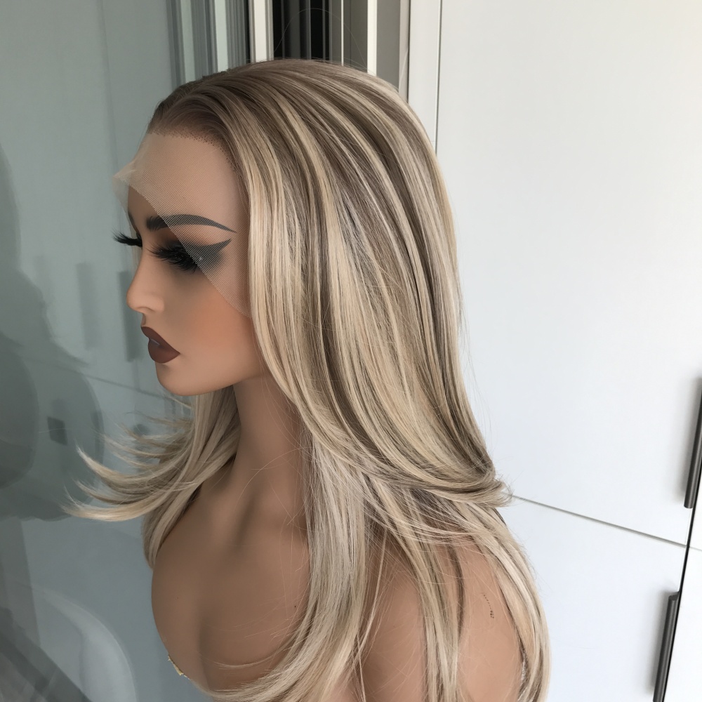 A63 by AISOM Warm Blonde Highlights Layered Straight Free Part Synthetic Lace Front Wig for Women 17 Inches Heat Friendly Natural Hairline Daily Use Wig