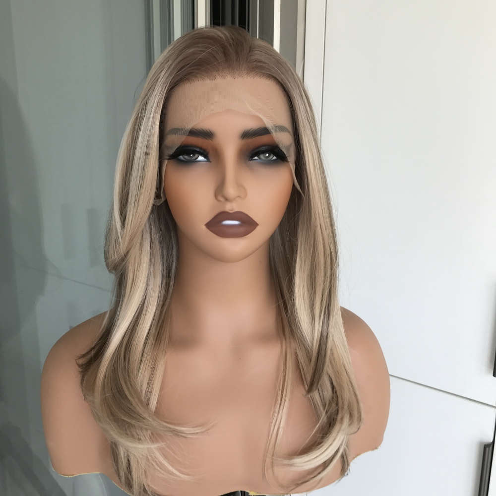 A63 by AISOM Warm Blonde Highlights Layered Straight Free Part Synthetic Lace Front Wig for Women 17 Inches Heat Friendly Natural Hairline Daily Use Wig