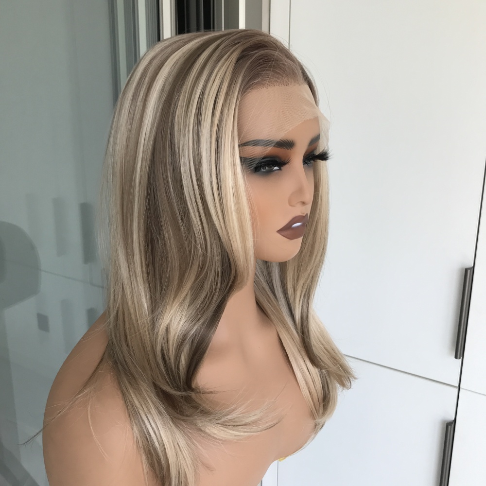 A63 by AISOM Warm Blonde Highlights Layered Straight Free Part Synthetic Lace Front Wig for Women 17 Inches Heat Friendly Natural Hairline Daily Use Wig