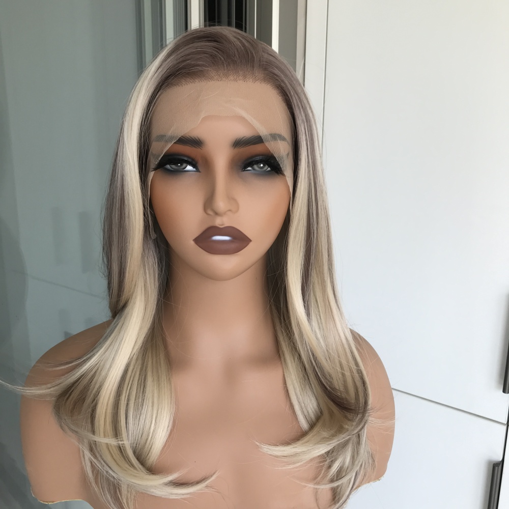 A67 by AISOM Bright Blonde Highlights 13x4 Free Part Lace Front Wig Layered Straight 17 Inches Heat Friendly Synthetic Wig for Women
