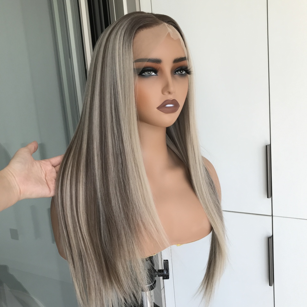 A65 by AISOM Highlight Ash Blonde Long Straight Glueless Wig 13x4 Free Part Synthetic Lace Wigs for Women Low Density Heat Friendly Daily Part Use 27 Inches
