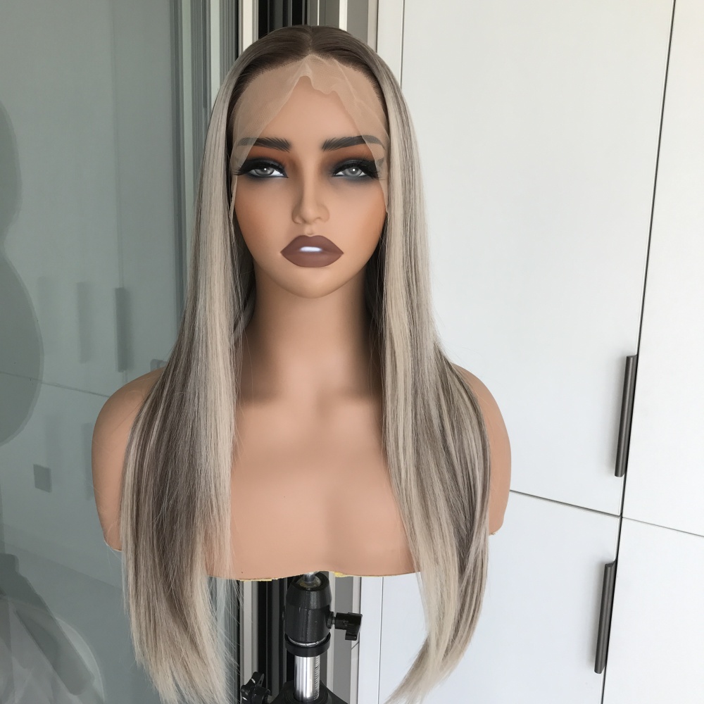 A65 by AISOM Highlight Ash Blonde Long Straight Glueless Wig 13x4 Free Part Synthetic Lace Wigs for Women Low Density Heat Friendly Daily Part Use 27 Inches