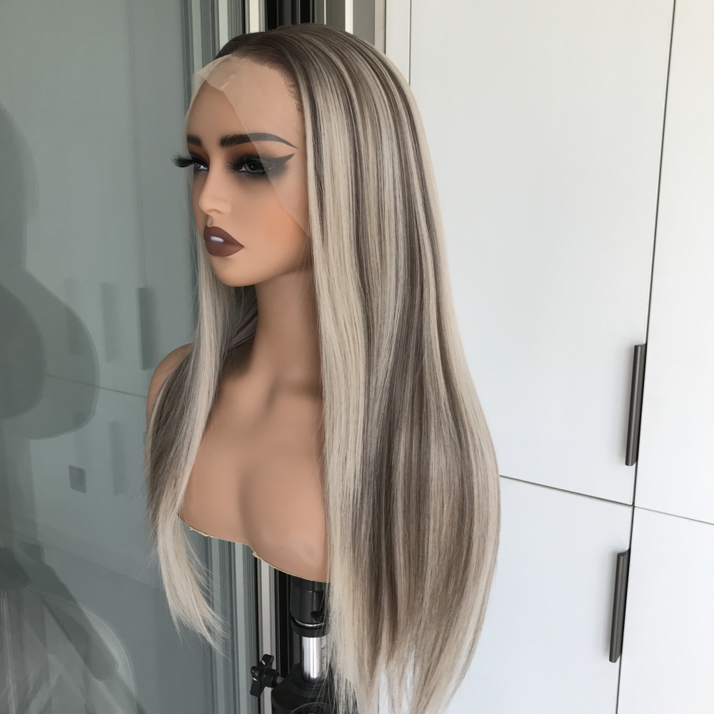 A65 by AISOM Highlight Ash Blonde Long Straight Glueless Wig 13x4 Free Part Synthetic Lace Wigs for Women Low Density Heat Friendly Daily Part Use 27 Inches