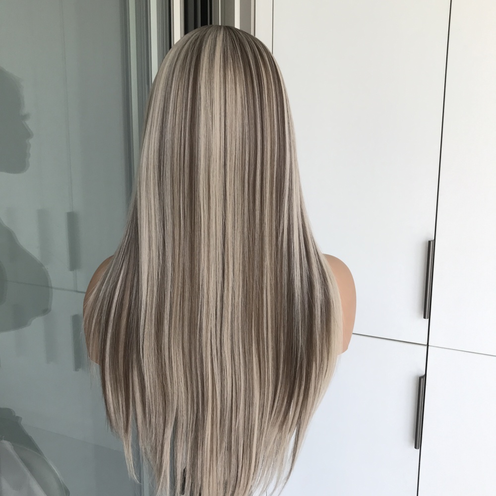 A65 by AISOM Highlight Ash Blonde Long Straight Glueless Wig 13x4 Free Part Synthetic Lace Wigs for Women Low Density Heat Friendly Daily Part Use 27 Inches