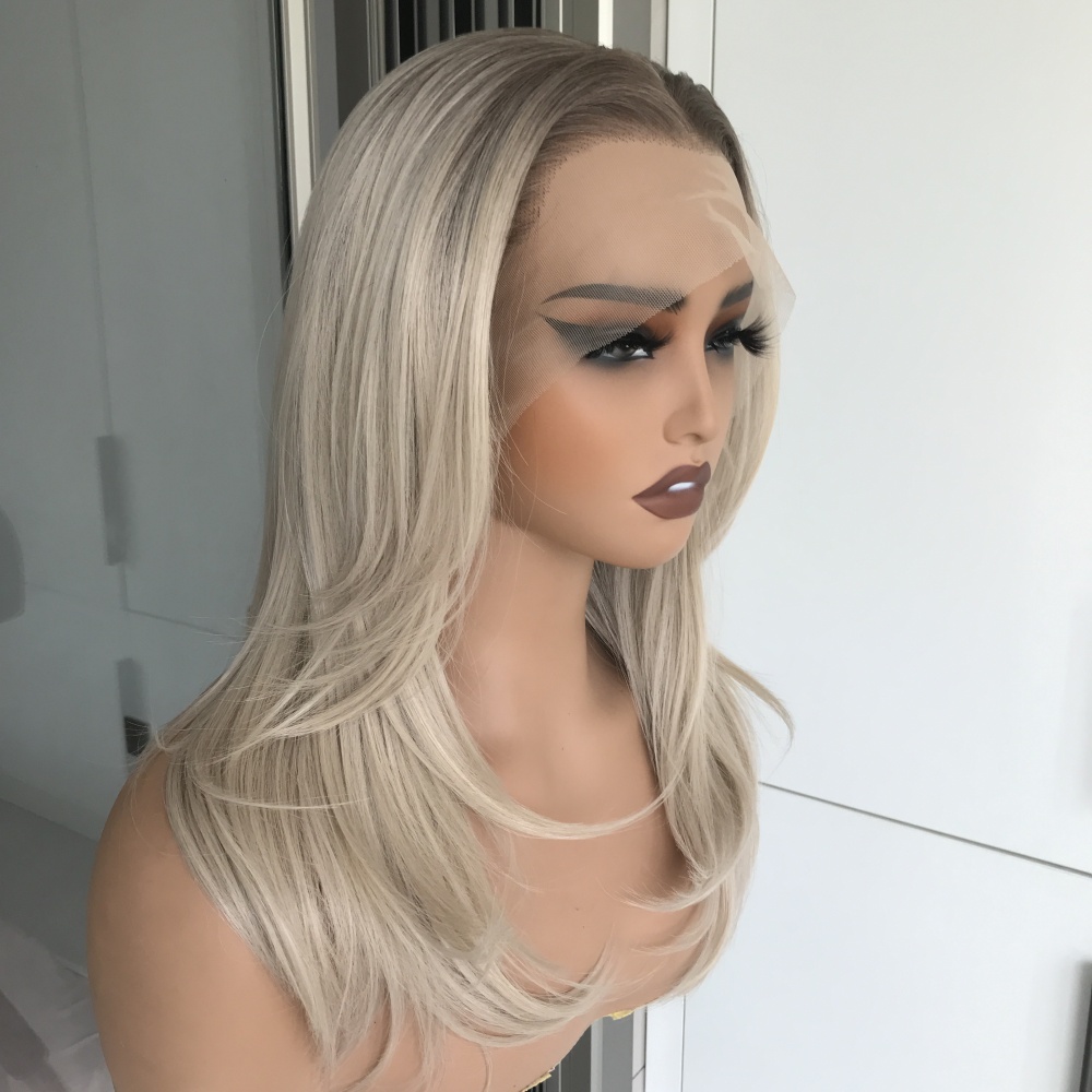 A72 by AISOM Ombre Ash Blonde Layered Straight with Curtain bangs 13x6 Luxe Free Part Synthetic Lace Frontal Wig for Women 18 Inches Daily Use