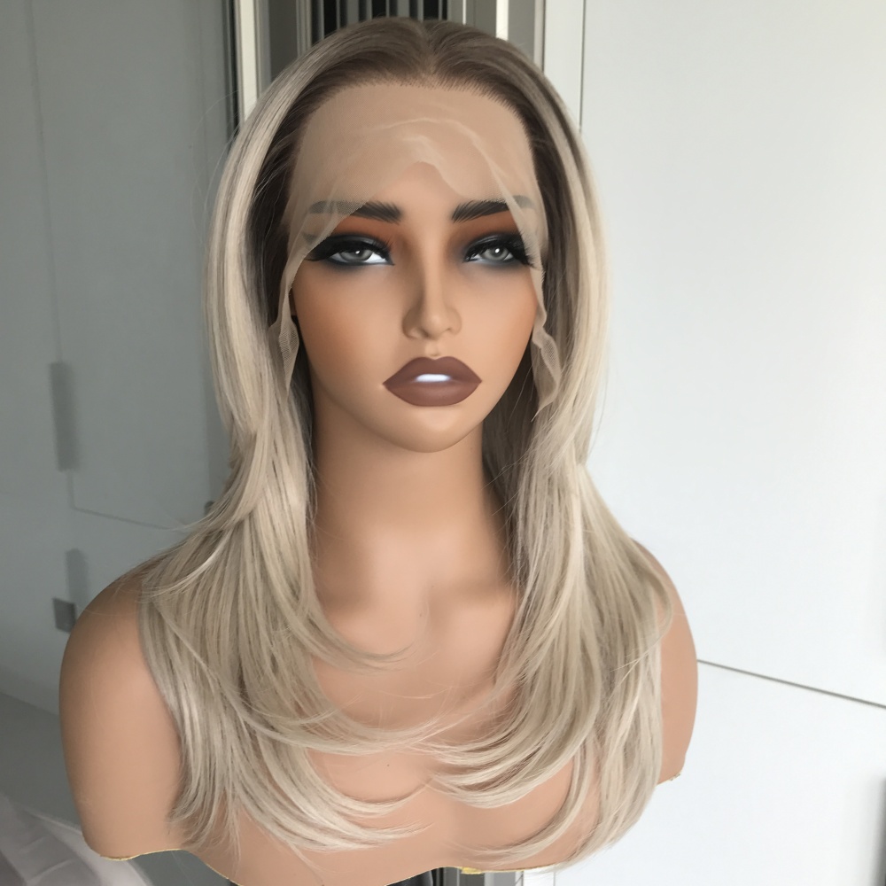 A72 by AISOM Ombre Ash Blonde Layered Straight with Curtain bangs 13x6 Luxe Free Part Synthetic Lace Frontal Wig for Women 18 Inches Daily Use