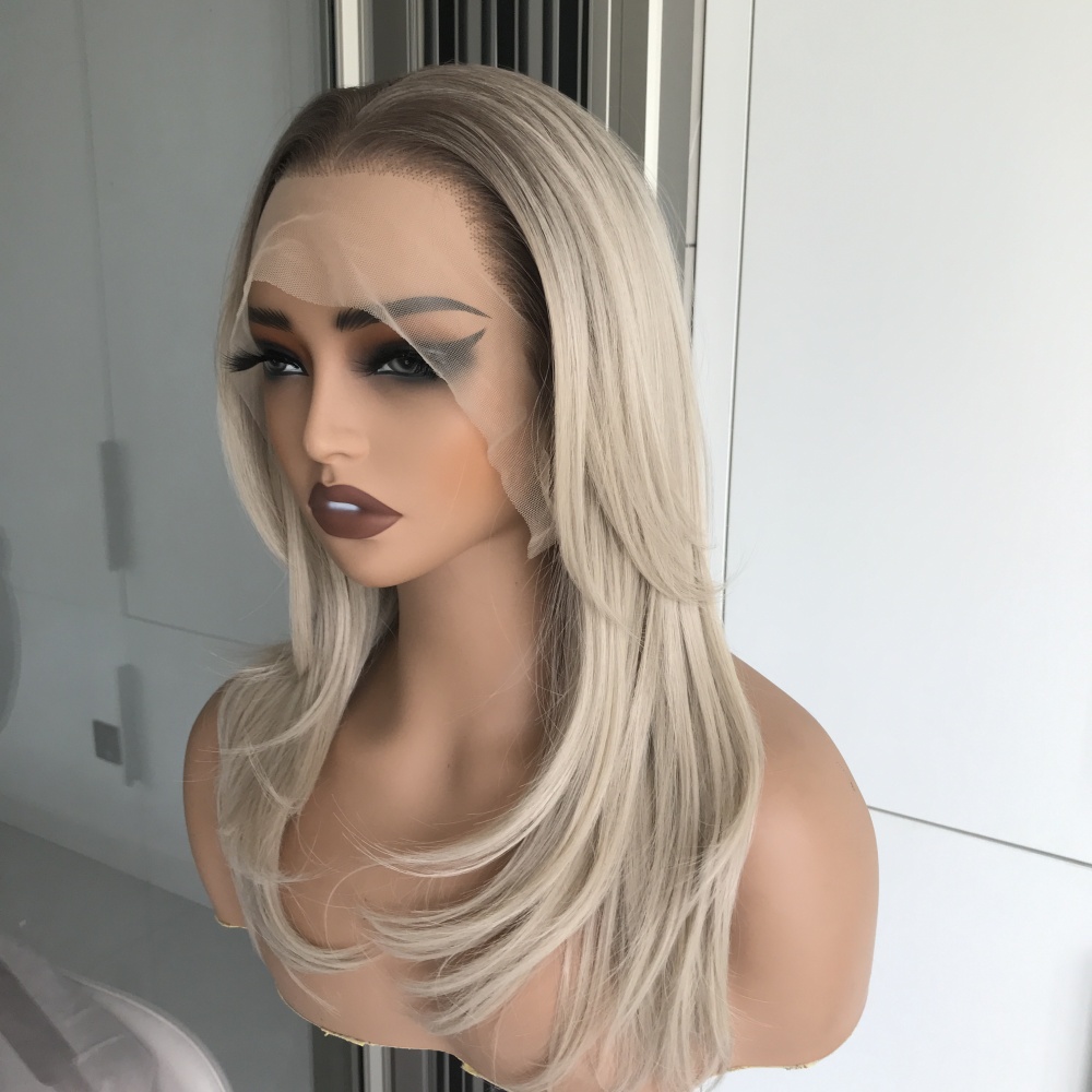 A72 by AISOM Ombre Ash Blonde Layered Straight with Curtain bangs 13x6 Luxe Free Part Synthetic Lace Frontal Wig for Women 18 Inches Daily Use