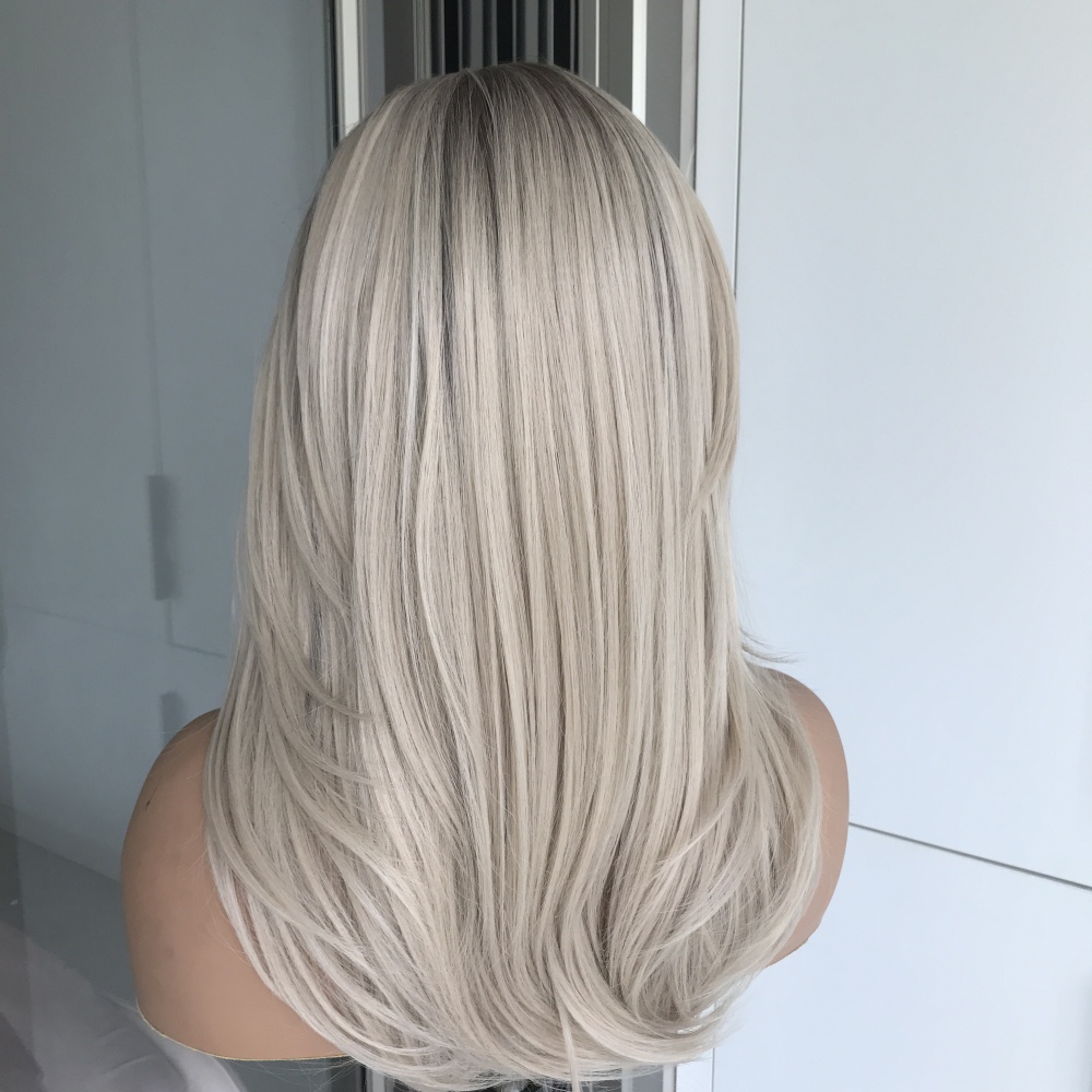 A72 by AISOM Ombre Ash Blonde Layered Straight with Curtain bangs 13x6 Luxe Free Part Synthetic Lace Frontal Wig for Women 18 Inches Daily Use