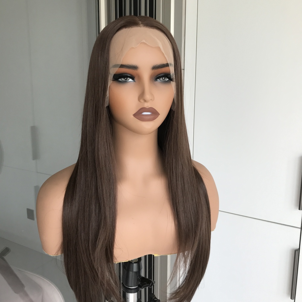 A69 by AISOM Chocolate Brown Long Straight Wig 26 Inches Free Part Lace Front Wig Daily Use