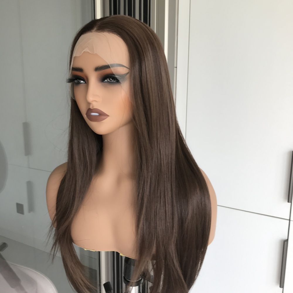 A69 by AISOM Chocolate Brown Long Straight Wig 26 Inches Free Part Lace Front Wig Daily Use