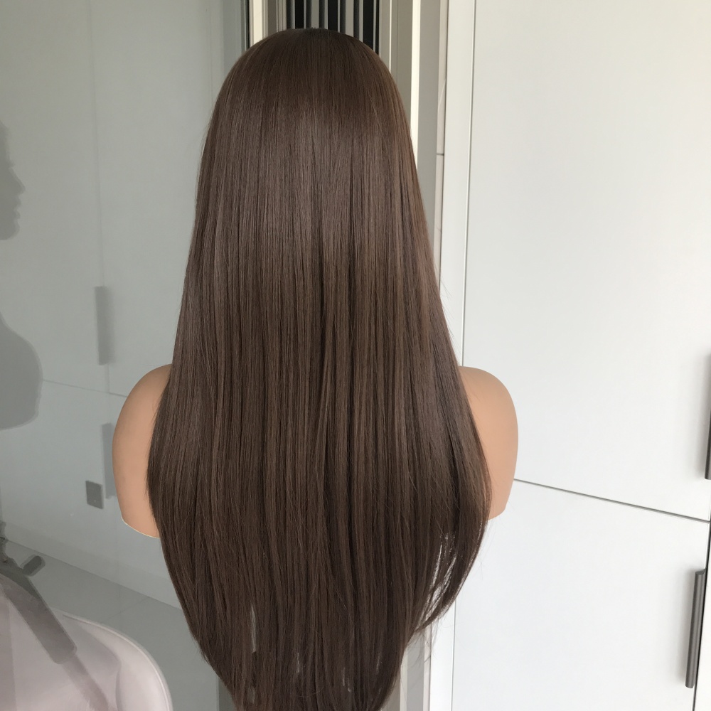 A69 by AISOM Chocolate Brown Long Straight Wig 26 Inches Free Part Lace Front Wig Daily Use