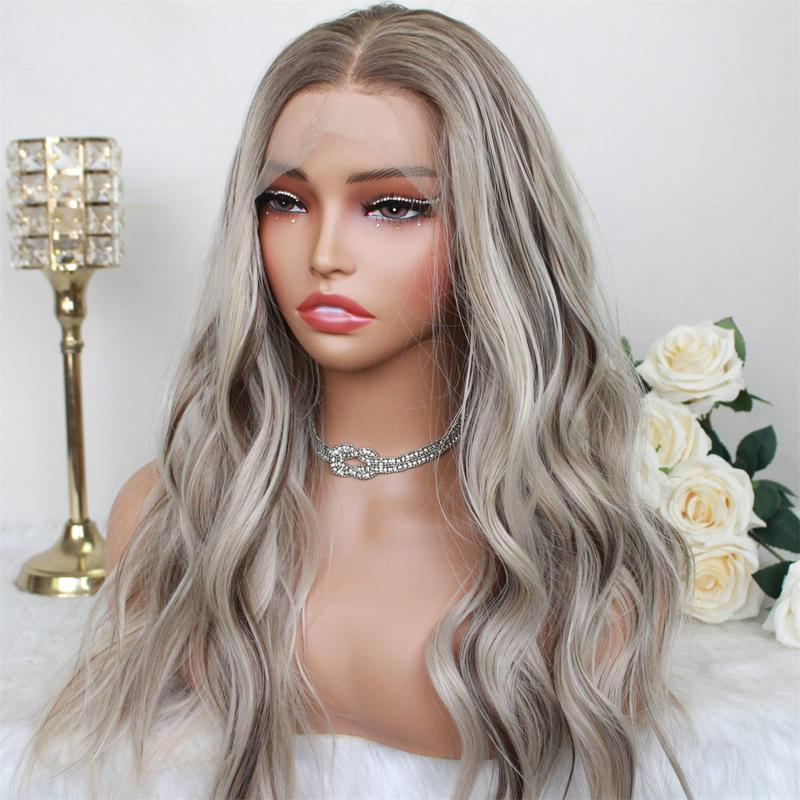 A38 by AISOM Highlight Ash Blonde 13x4 Free Part Lace Front Wig Pre Plucked Hairline 22" Wave Women's Wig Heat Friendly Fiber Low Density