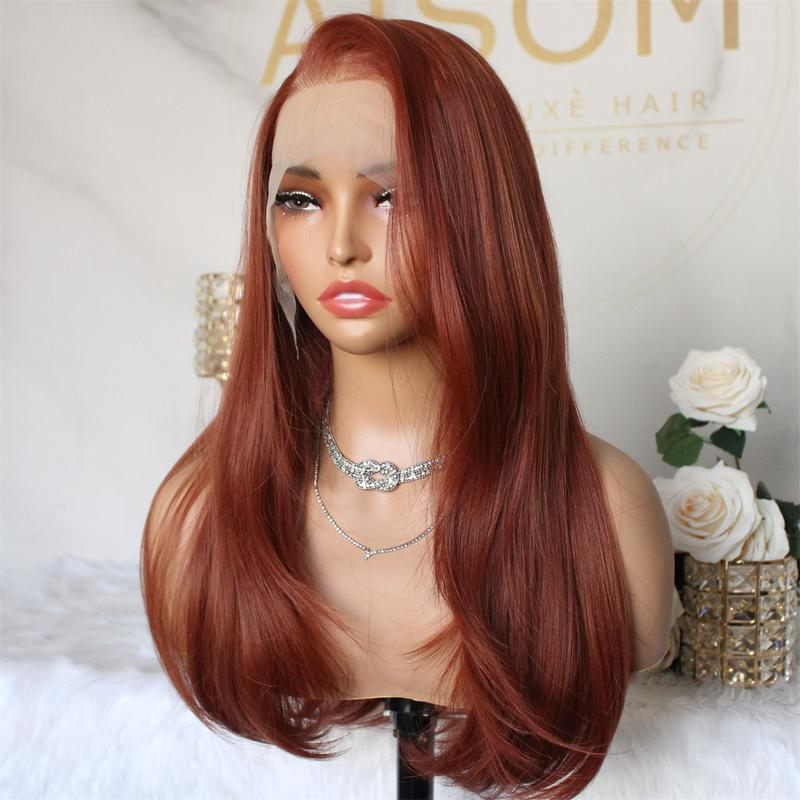 A39 by AISOM 13x6 Glueless Copper Synthetic Lace Front Wig 18“ Long Layered Straight Lace Wigs for Women Pre Plucked Hairline Natural Looking Heat Resistant Fiber Wig Daily Party Use