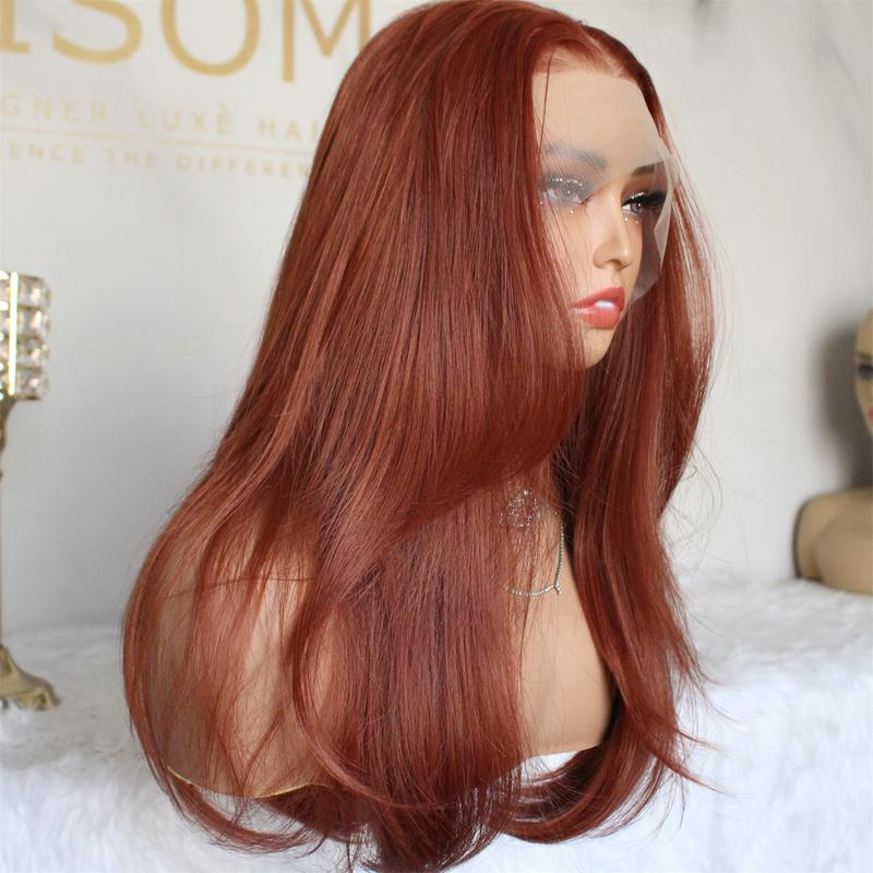 A39 by AISOM 13x6 Glueless Copper Synthetic Lace Front Wig 18“ Long Layered Straight Lace Wigs for Women Pre Plucked Hairline Natural Looking Heat Resistant Fiber Wig Daily Party Use