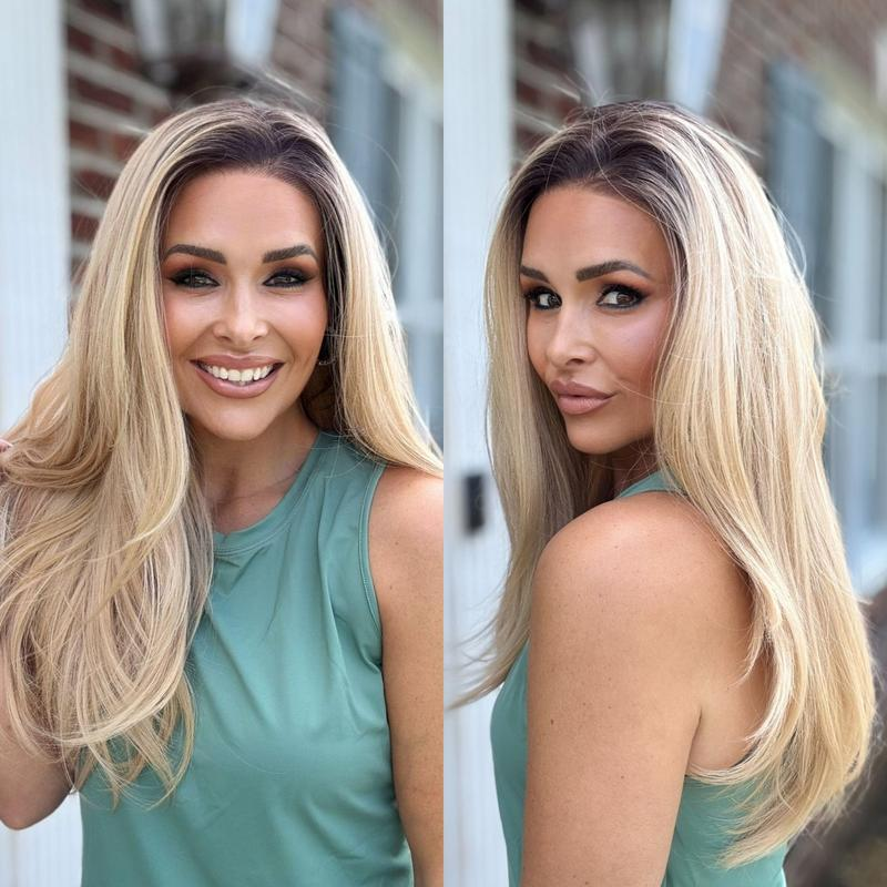 A40 by AISOM 22” Ombre Blonde Wig 13x6 Lace Front Wig with Brown Root Pre Plucked Glueless for Beginner Layered Straight Natural Looking Wig for Women