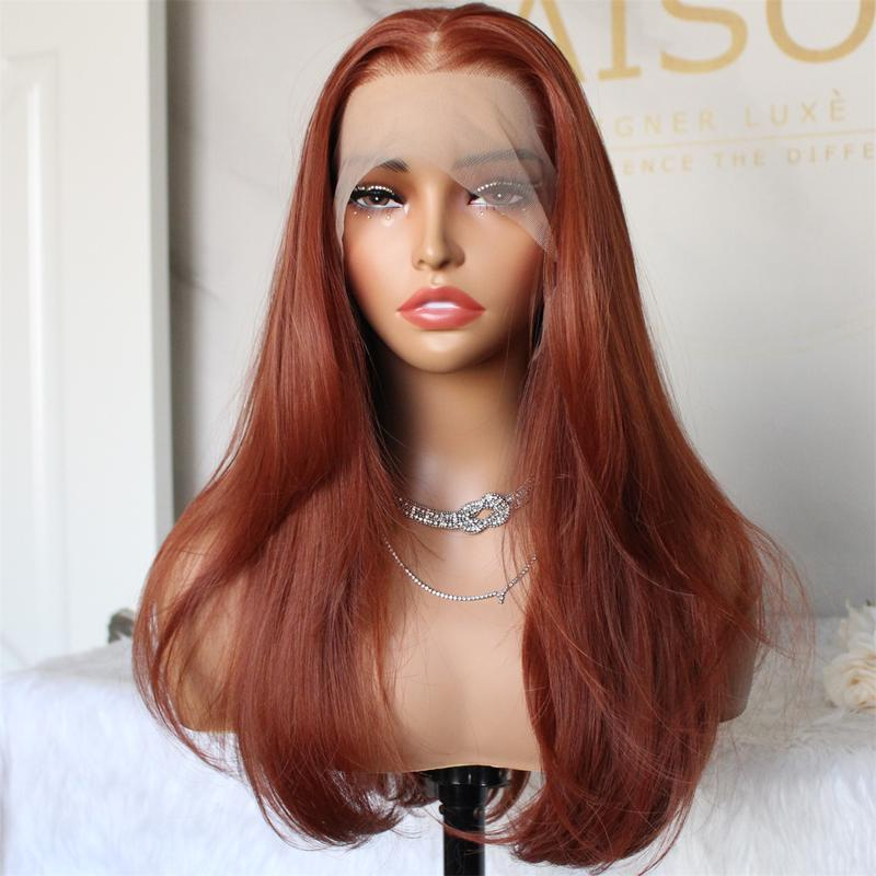 A39 by AISOM 13x6 Glueless Copper Synthetic Lace Front Wig 18“ Long Layered Straight Lace Wigs for Women Pre Plucked Hairline Natural Looking Heat Resistant Fiber Wig Daily Party Use