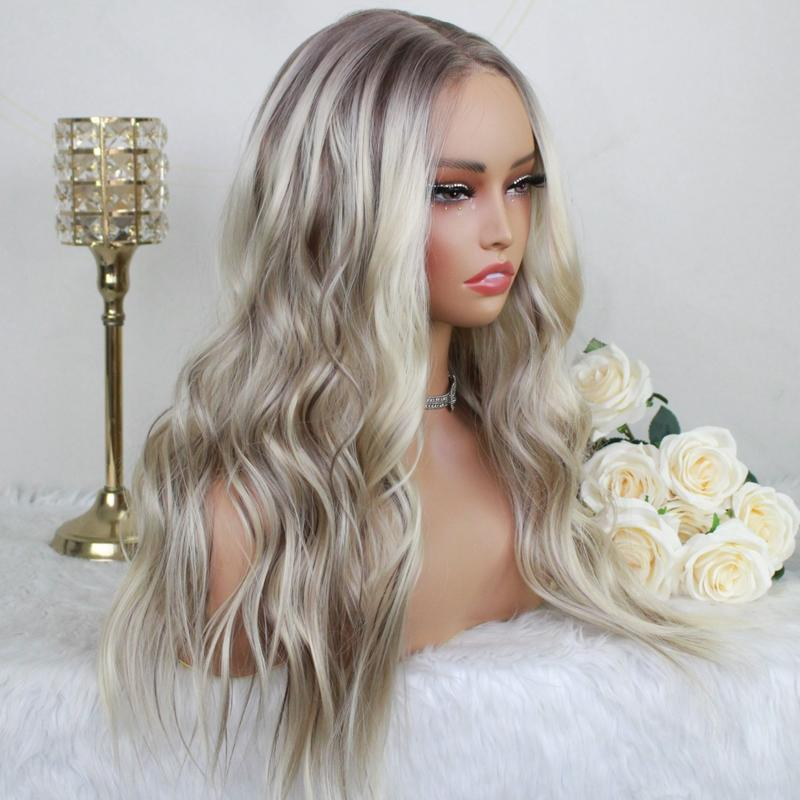 A31 by AISOM Wear to Go Pre Cut Pre Plucked T Part Glueless Wave Wig 20inches Bright Blonde mix Brown Synthetic Lace Wig for Women