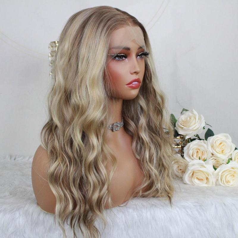 A34 by AISOM Curly Warm Blonde Highlight Free Part Pre Plucked 20inch 13x4 Synthetic Lace Front Wig for Women Tiny Knots Heat Friendly