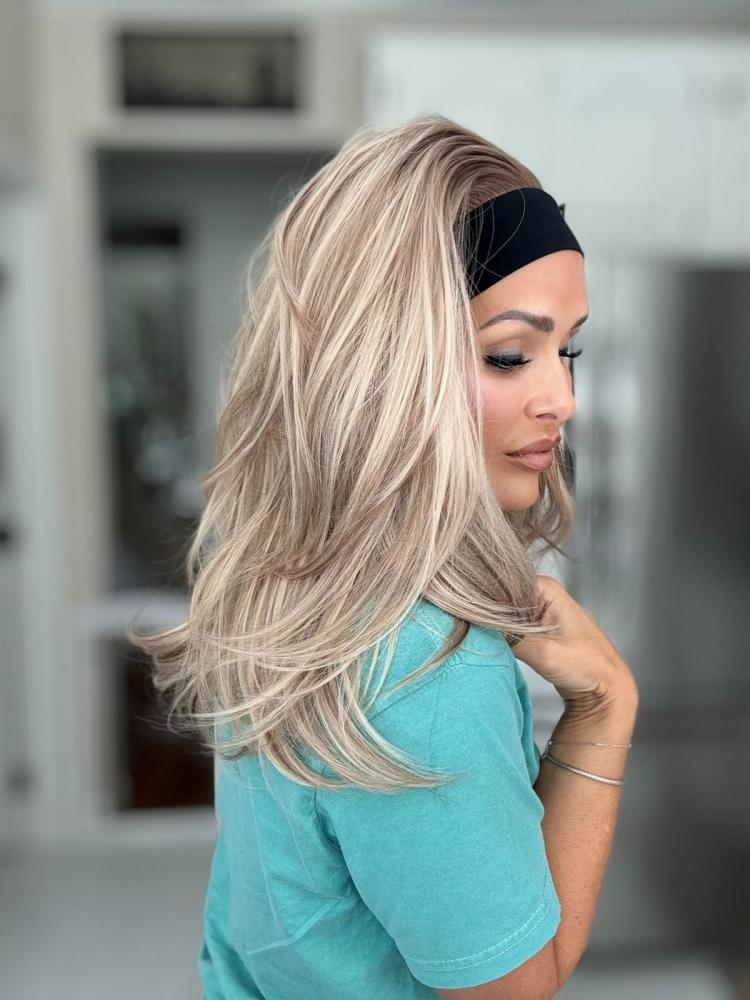 Lena by AISOM Layered Straight Headband Wig Warm Blonde Highlight for Women 16 Inches Friendly for Beginner Low Density