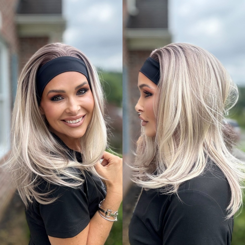 Lena by AISOM Layered Straight Headband Wig Cool Blonde mix Brown Synthetic Hair Wig for Women 16 Inches Ready to Wear Short Hair Heat Friendly